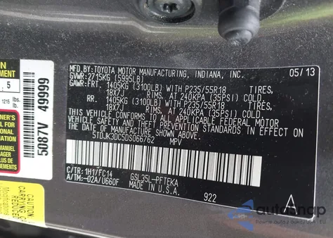 2013 Toyota Sienna Le 7 Passenger z USA, uszkodzony, nr VIN 5TDJK3DC5DS066762